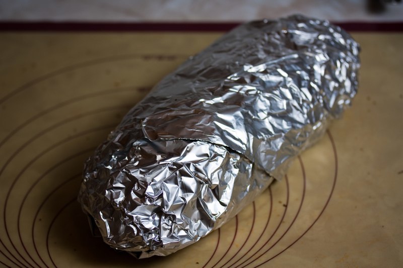 Wrap the wheat stuffed seitan in tin foil before baking Wrap the wheat stuffed seitan in tin foil before baking